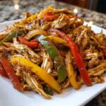 Close-up of shredded chicken mixed with colorful bell pepper strips (red, yellow, green) and onions for crockpot chicken fajitas.