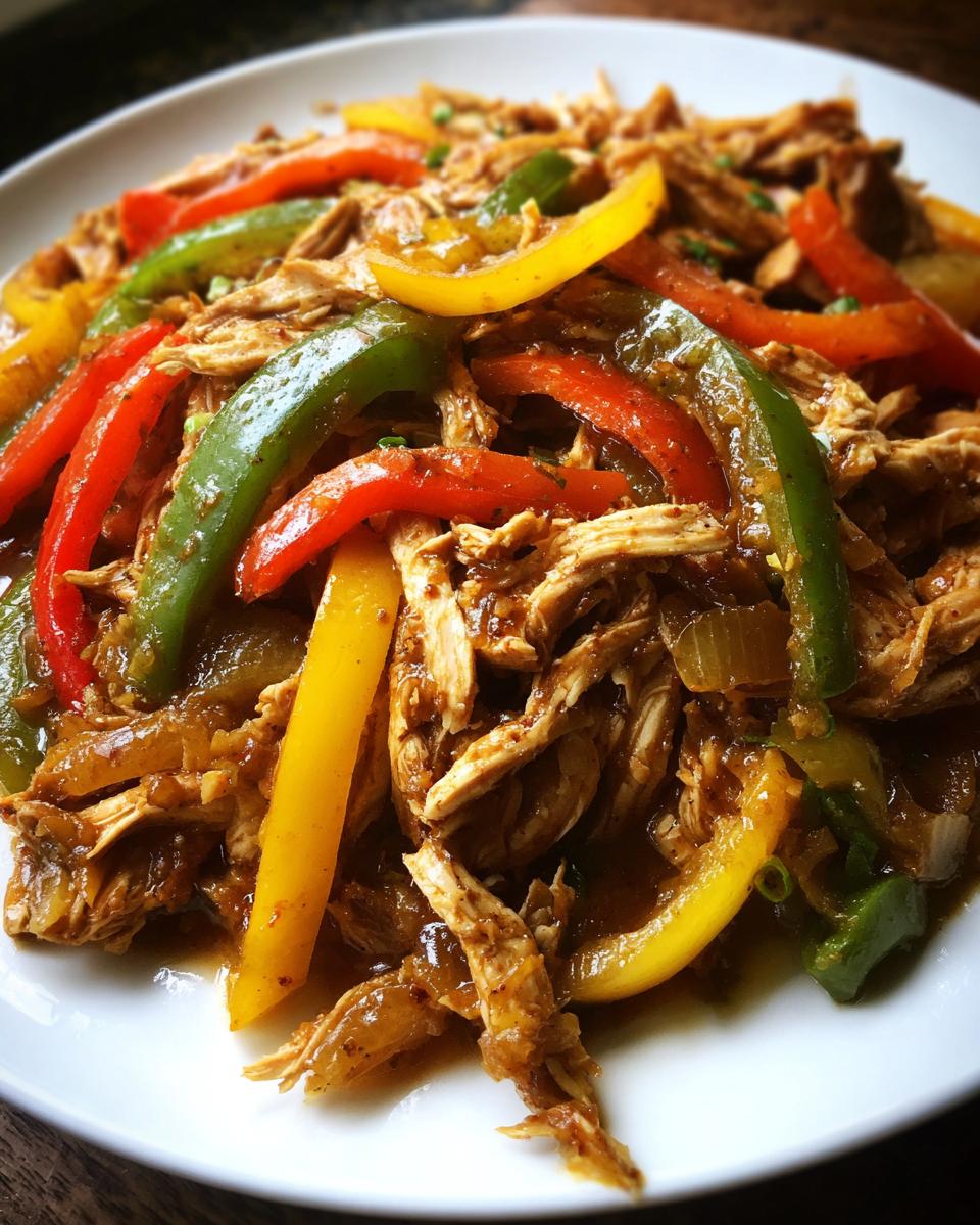 Close-up of shredded chicken mixed with colorful strips of red, green, and yellow bell peppers for crockpot chicken fajitas.