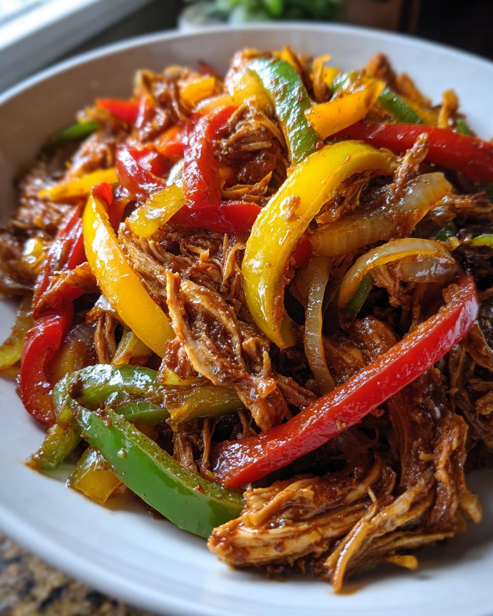 Close-up of shredded crockpot chicken fajitas mixed with colorful sautéed bell peppers and onions.