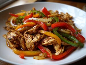 Close-up of seasoned shredded chicken mixed with colorful bell peppers and onions, ready for crockpot chicken fajitas.
