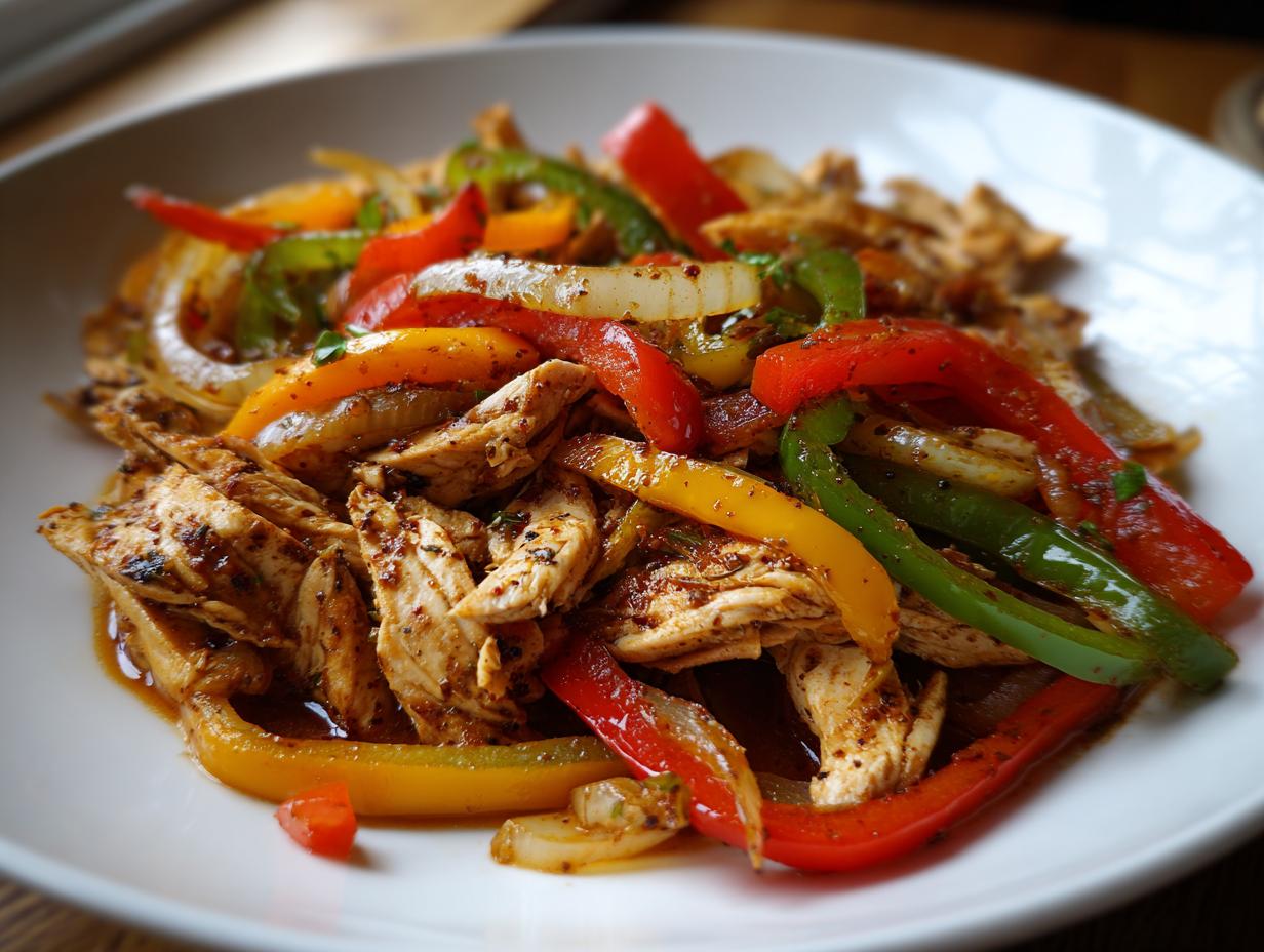 Close-up of seasoned shredded chicken mixed with colorful bell peppers and onions, ready for crockpot chicken fajitas.