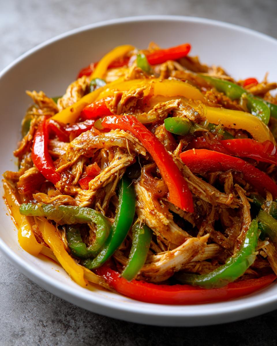 Close-up of shredded chicken mixed with vibrant red, yellow, and green bell pepper strips for crockpot chicken fajitas.