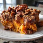 A close-up serving of rich, orange crockpot sweet potato casserole topped generously with crunchy pecans and streusel.