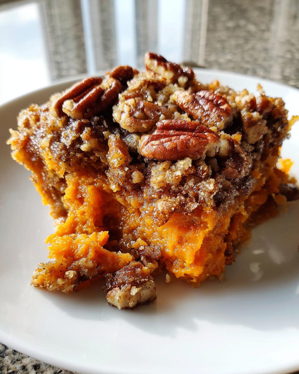 A close-up serving of rich, orange crockpot sweet potato casserole topped with a crunchy pecan streusel topping.