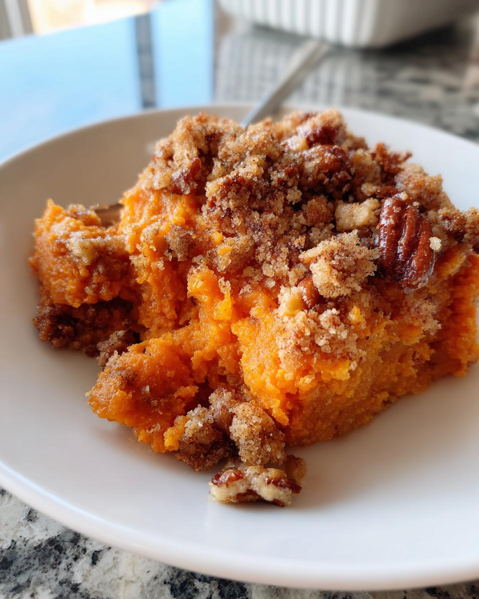 A close-up of a scoop of bright orange crockpot sweet potato casserole topped with a brown sugar and pecan crumble.