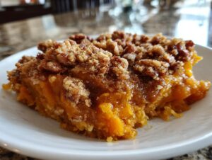 Close-up of a rich, orange serving of crockpot sweet potato casserole topped with crunchy pecans and brown sugar crumble.
