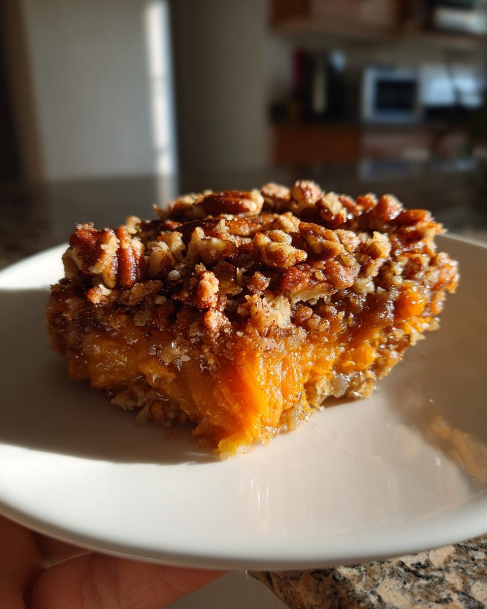 A close-up of a square serving of crockpot sweet potato casserole topped with crunchy pecans, held on a white plate.