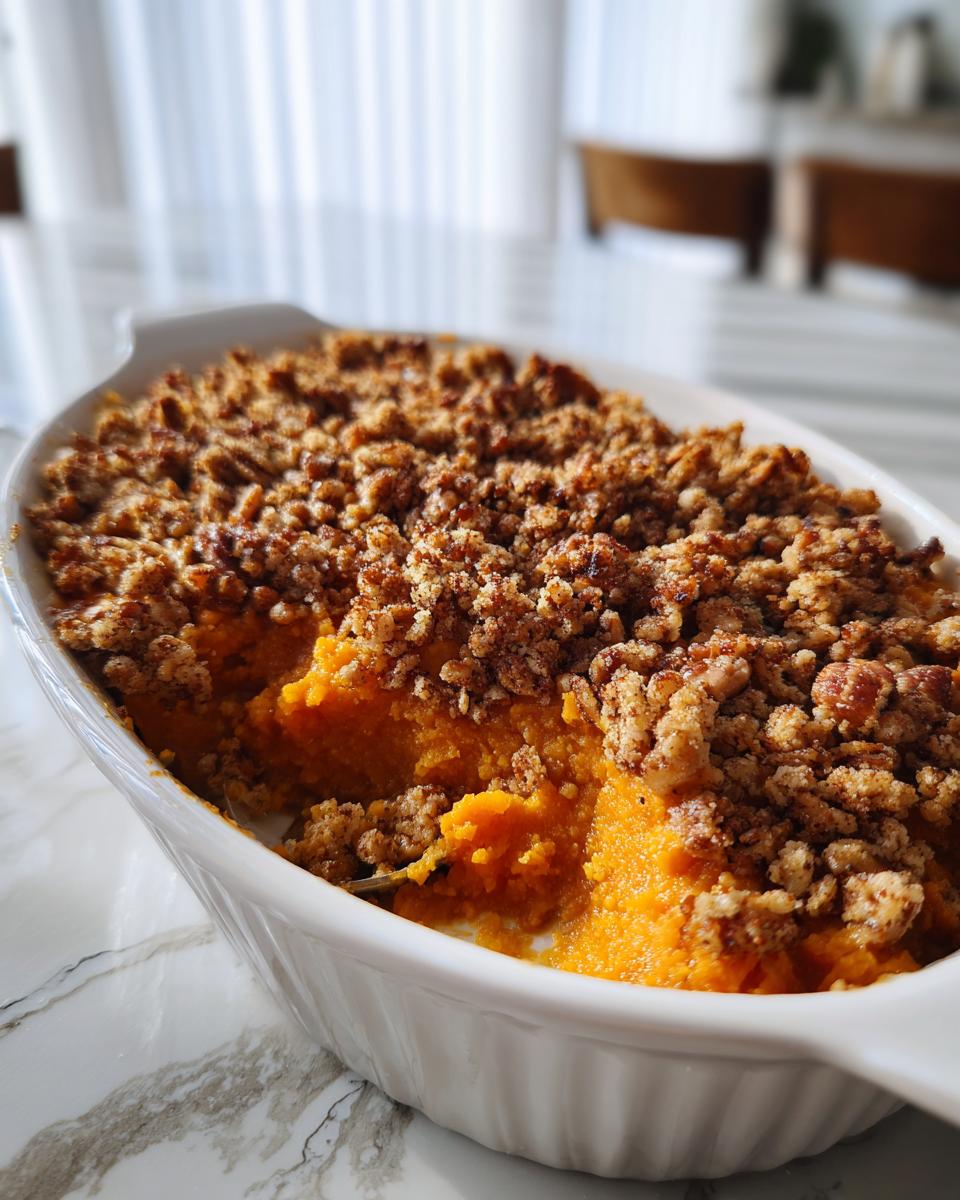 A close-up of a rich, orange crockpot sweet potato casserole topped with a crunchy pecan crumble.
