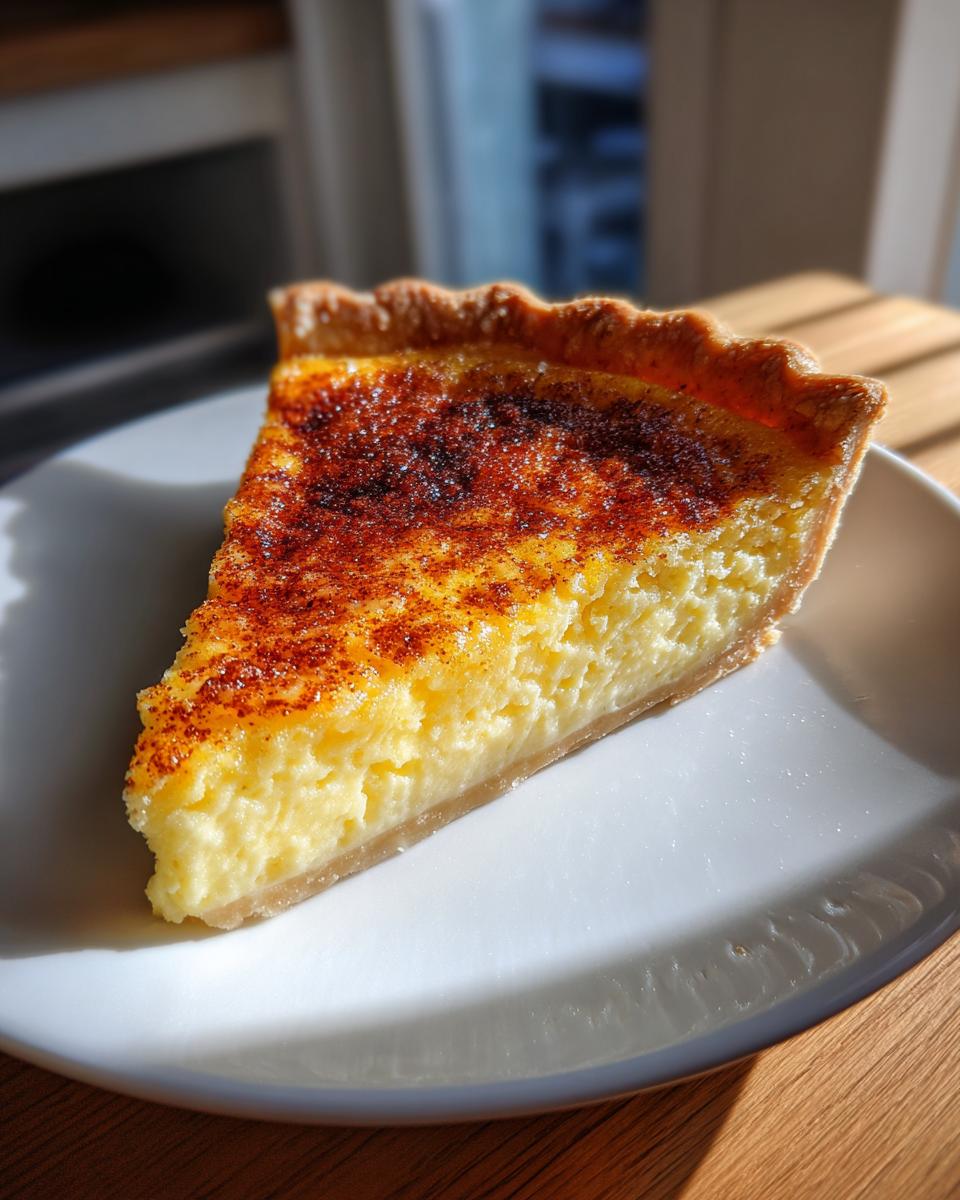 A perfect slice of creamy custard pie with a golden, spiced top, resting on a white plate.