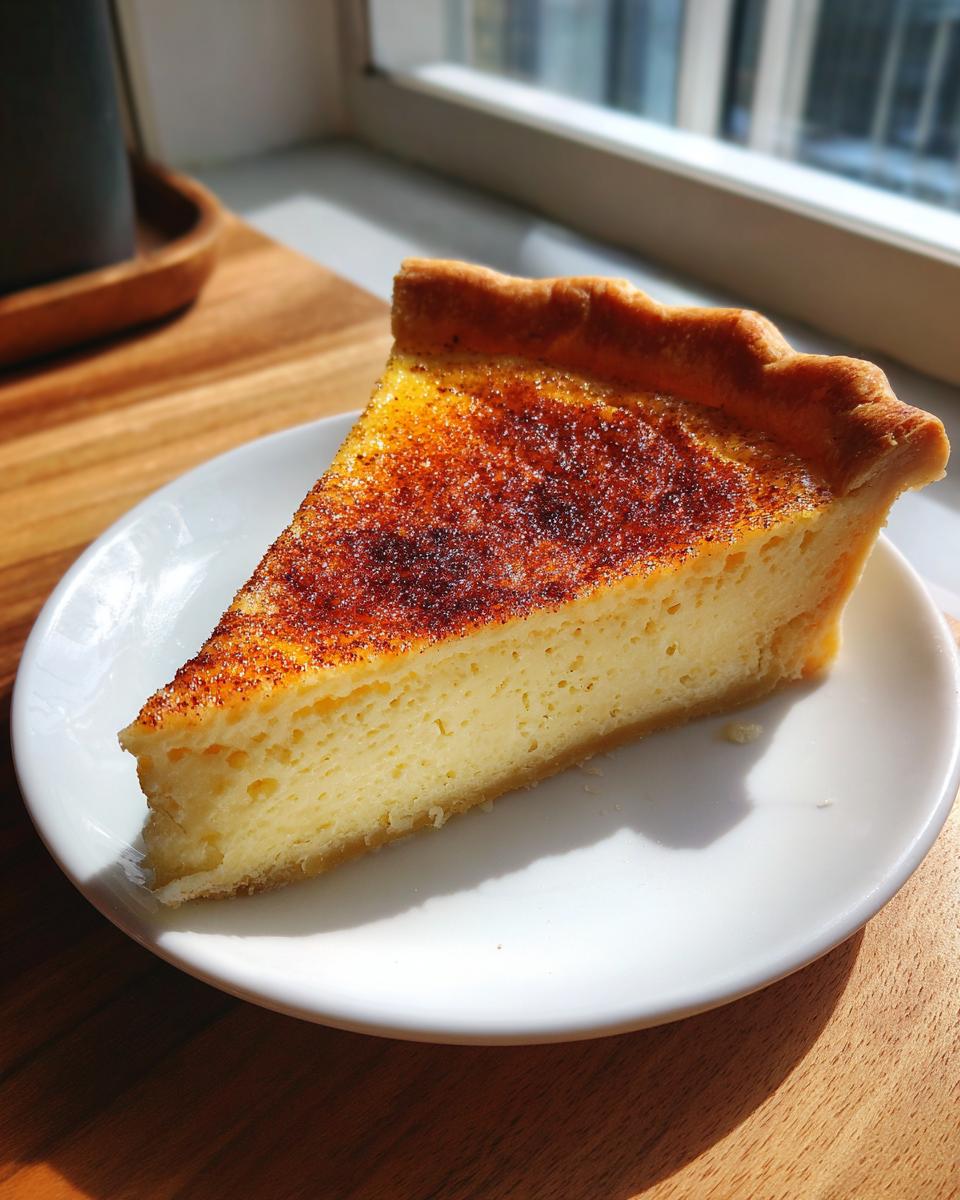 A close-up of a slice of creamy custard pie dusted with cinnamon, sitting on a white plate.
