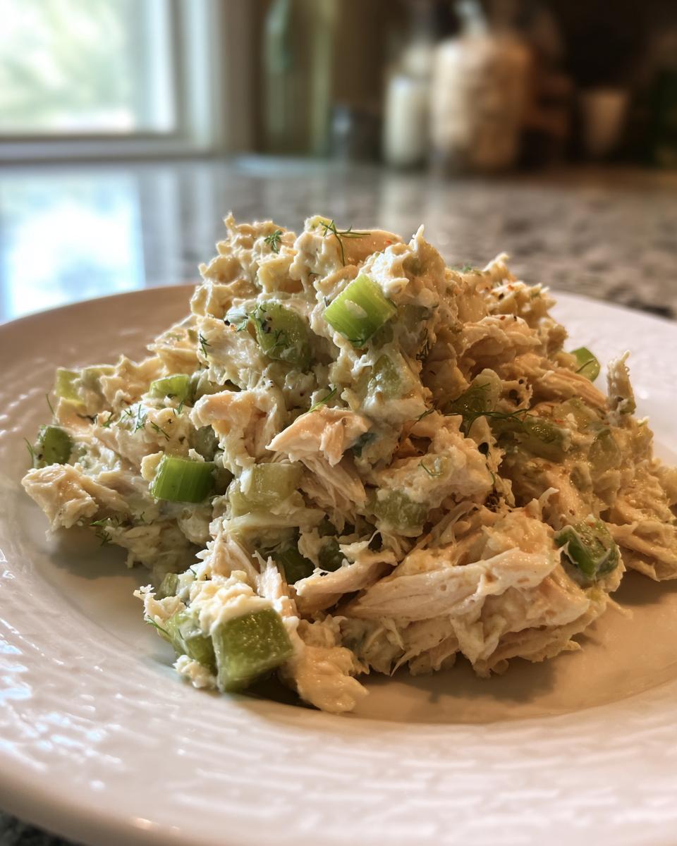 Close-up of a mound of creamy dill pickle chicken salad featuring shredded chicken and chopped celery on a white plate.