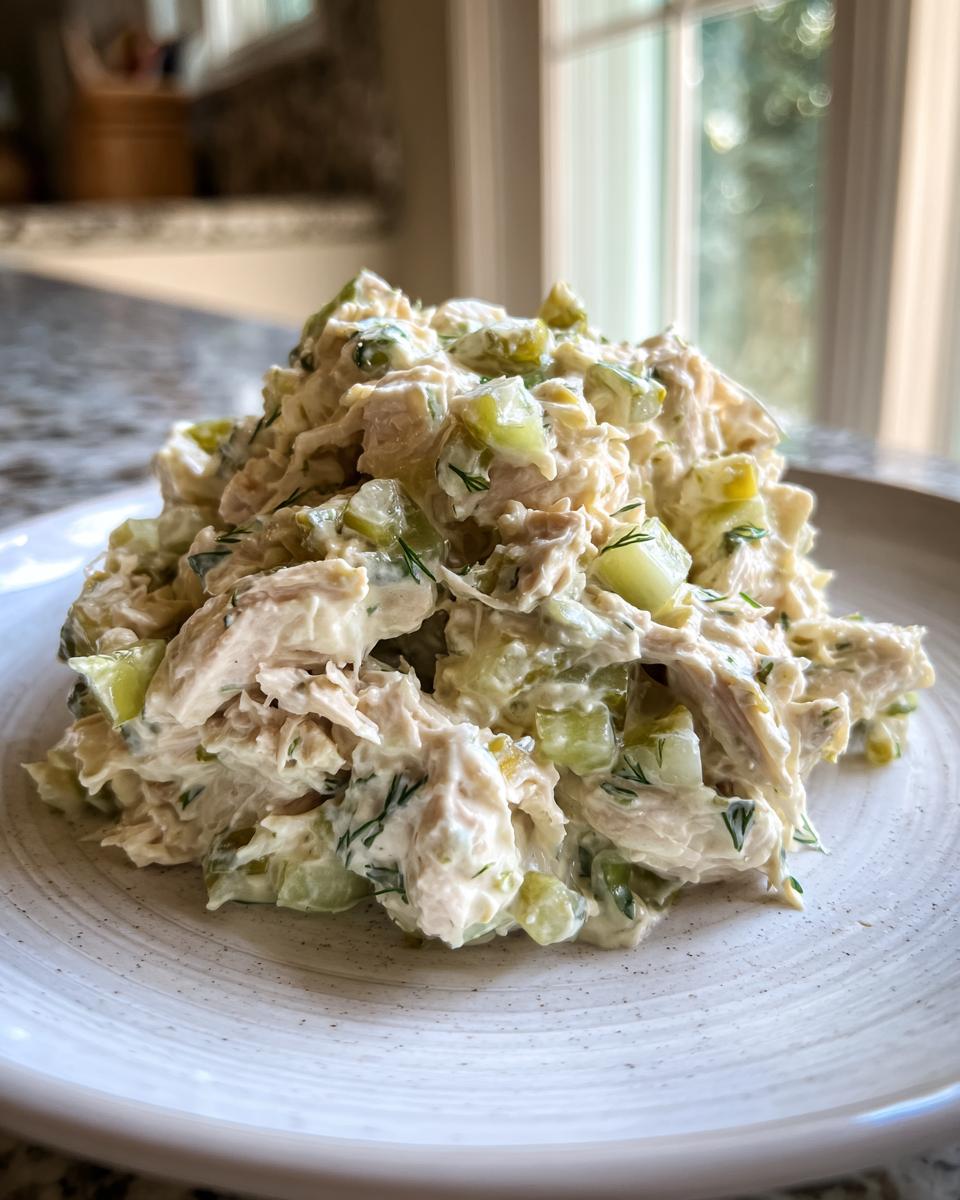 A generous scoop of creamy dill pickle chicken salad featuring shredded chicken and chopped pickles, served on a speckled white plate.