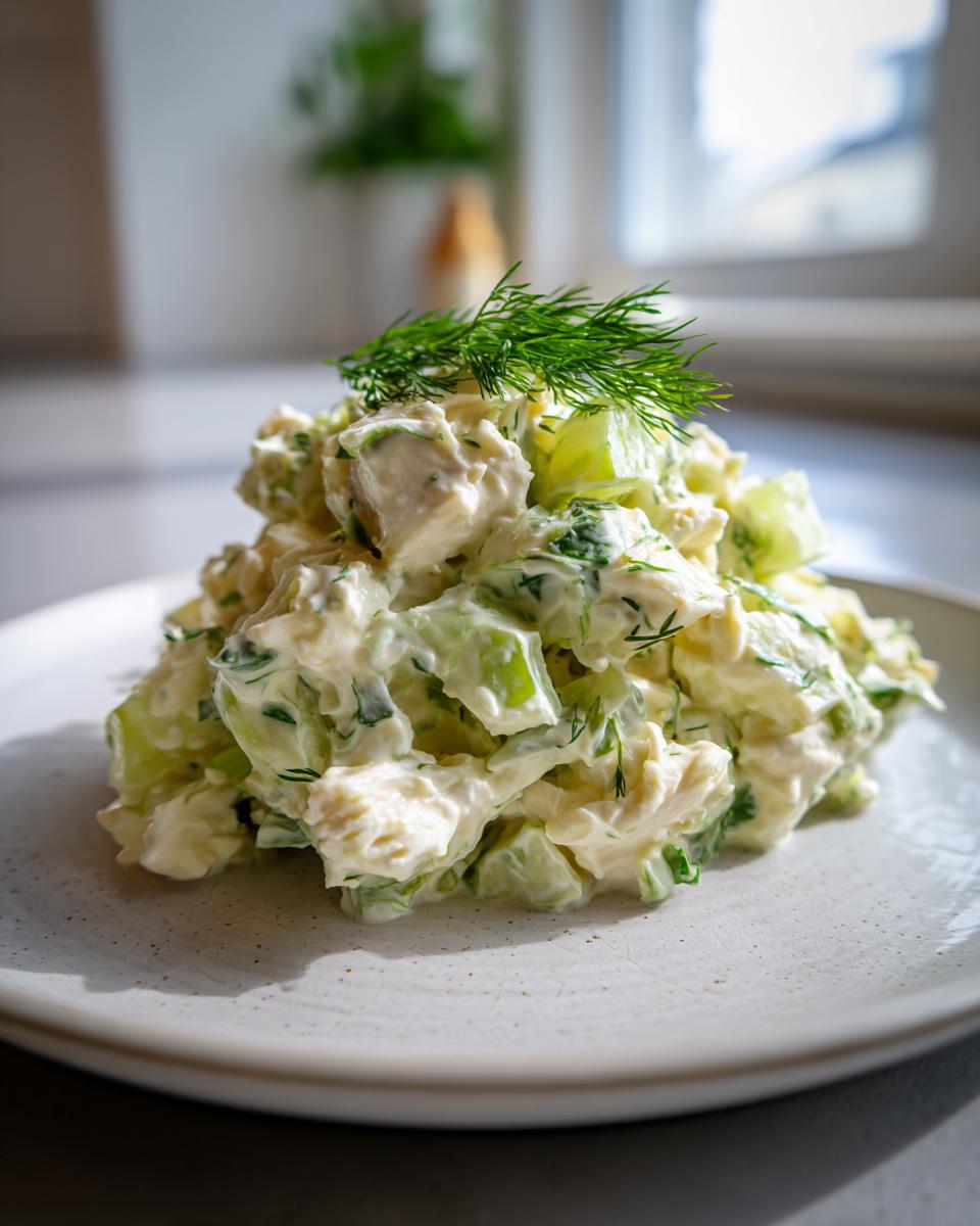A mound of creamy dill pickle chicken salad topped with fresh dill sprigs, served on a light speckled plate.