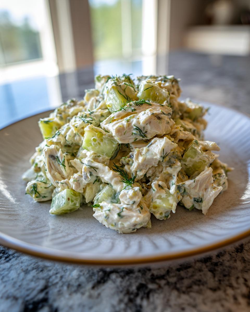A mound of creamy dill pickle chicken salad featuring chunks of chicken and cucumber, garnished with fresh dill.