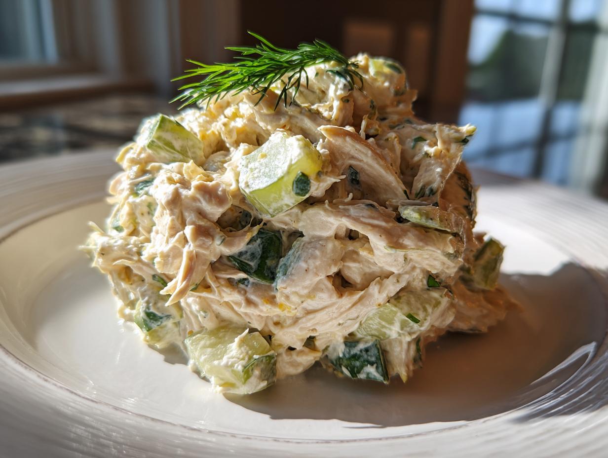 A mound of creamy dill pickle chicken salad featuring shredded chicken and chopped pickles, garnished with fresh dill.