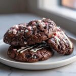 Three rich, dark double chocolate peppermint cookies stacked on a white plate, topped with crushed candy canes.
