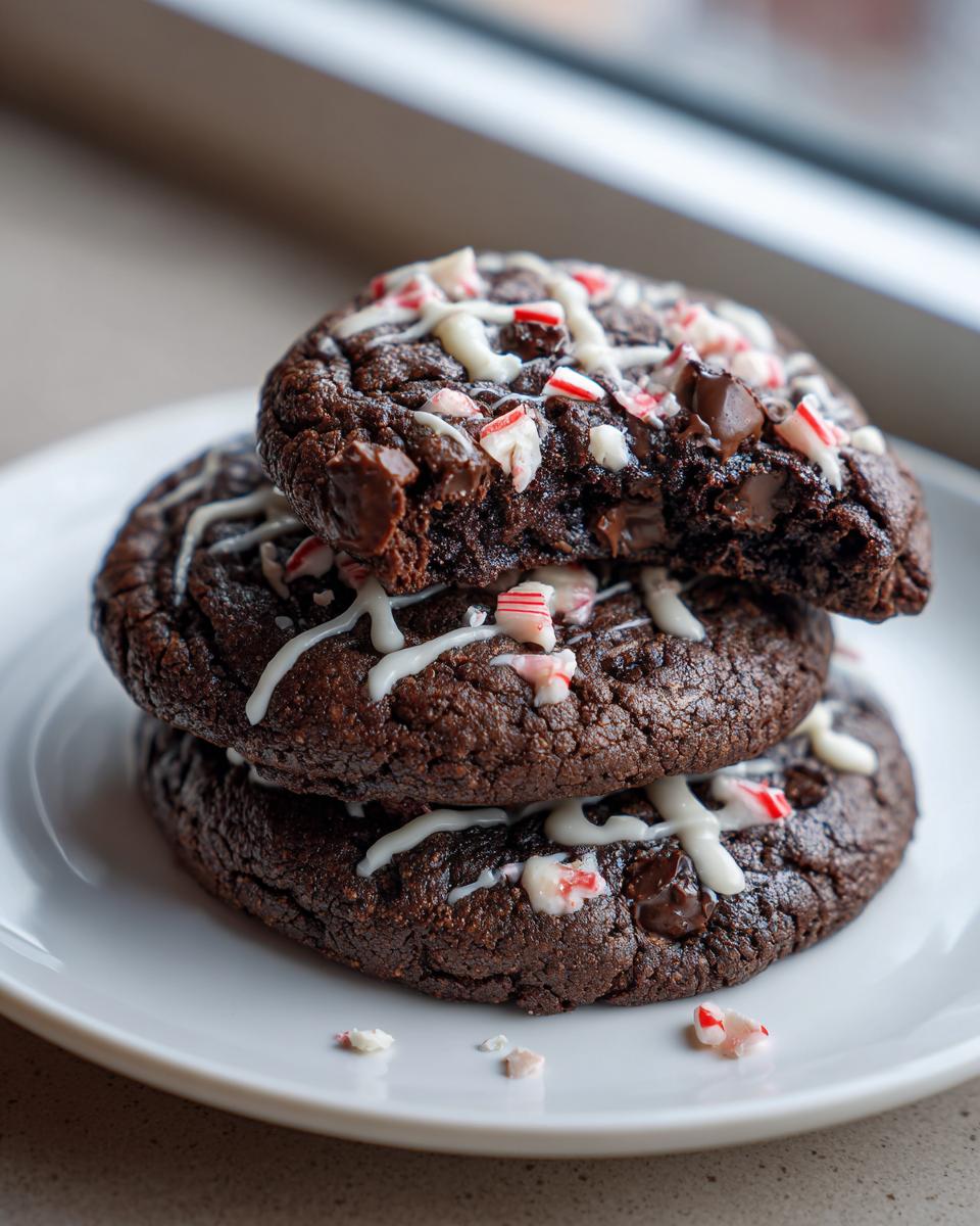 A stack of three rich, dark double chocolate peppermint cookies topped with white icing drizzle and crushed candy canes.