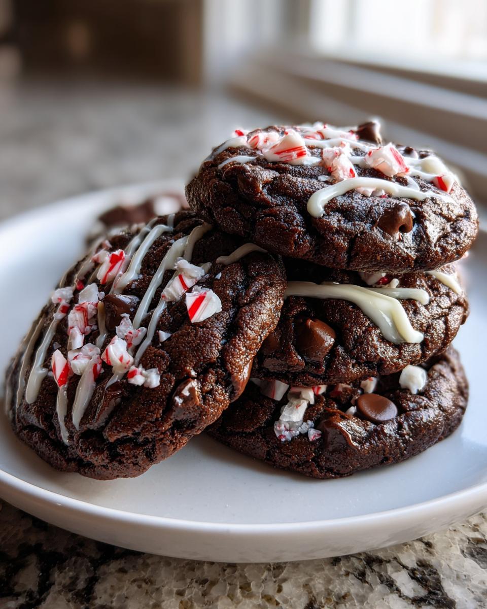 A stack of rich, dark double chocolate peppermint cookies topped with white chocolate drizzle and crushed candy canes.