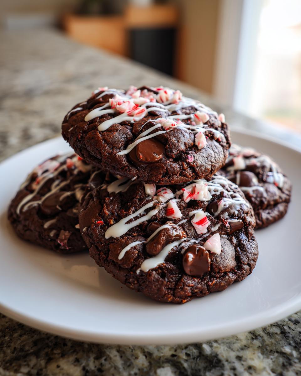 A stack of rich, dark double chocolate peppermint cookies drizzled with white icing and topped with crushed candy canes.