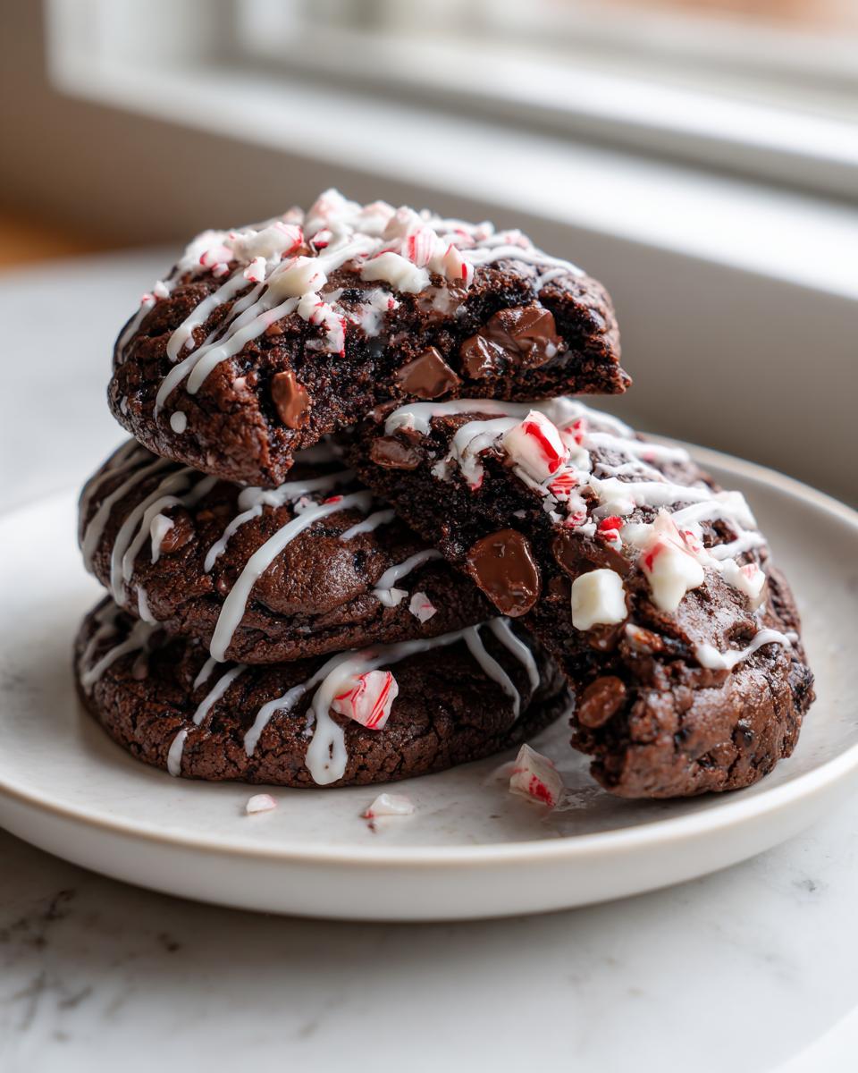A stack of three rich, dark double chocolate peppermint cookies drizzled with white icing and topped with crushed candy canes.