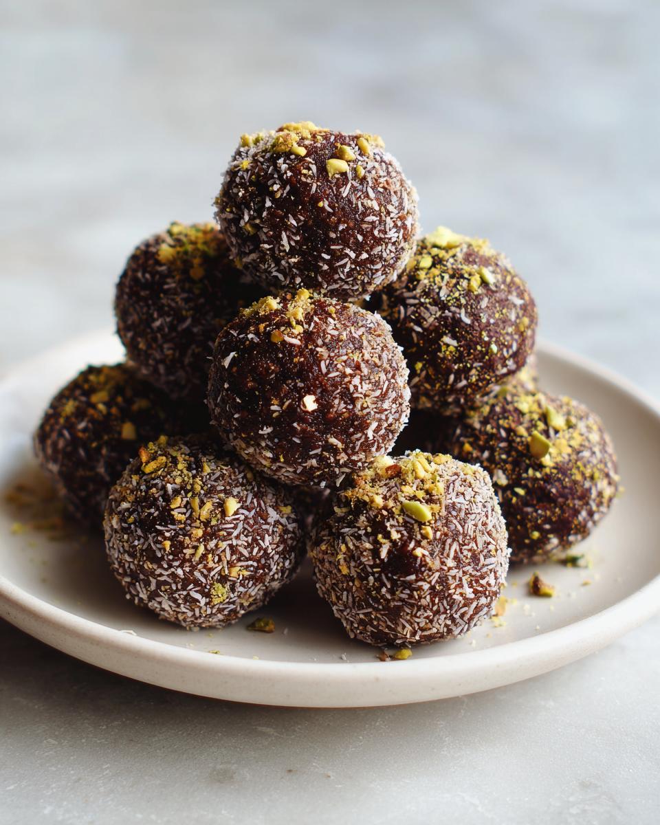 A stack of rich, dark Dubai chocolate balls rolled in shredded coconut and topped with crushed pistachios.