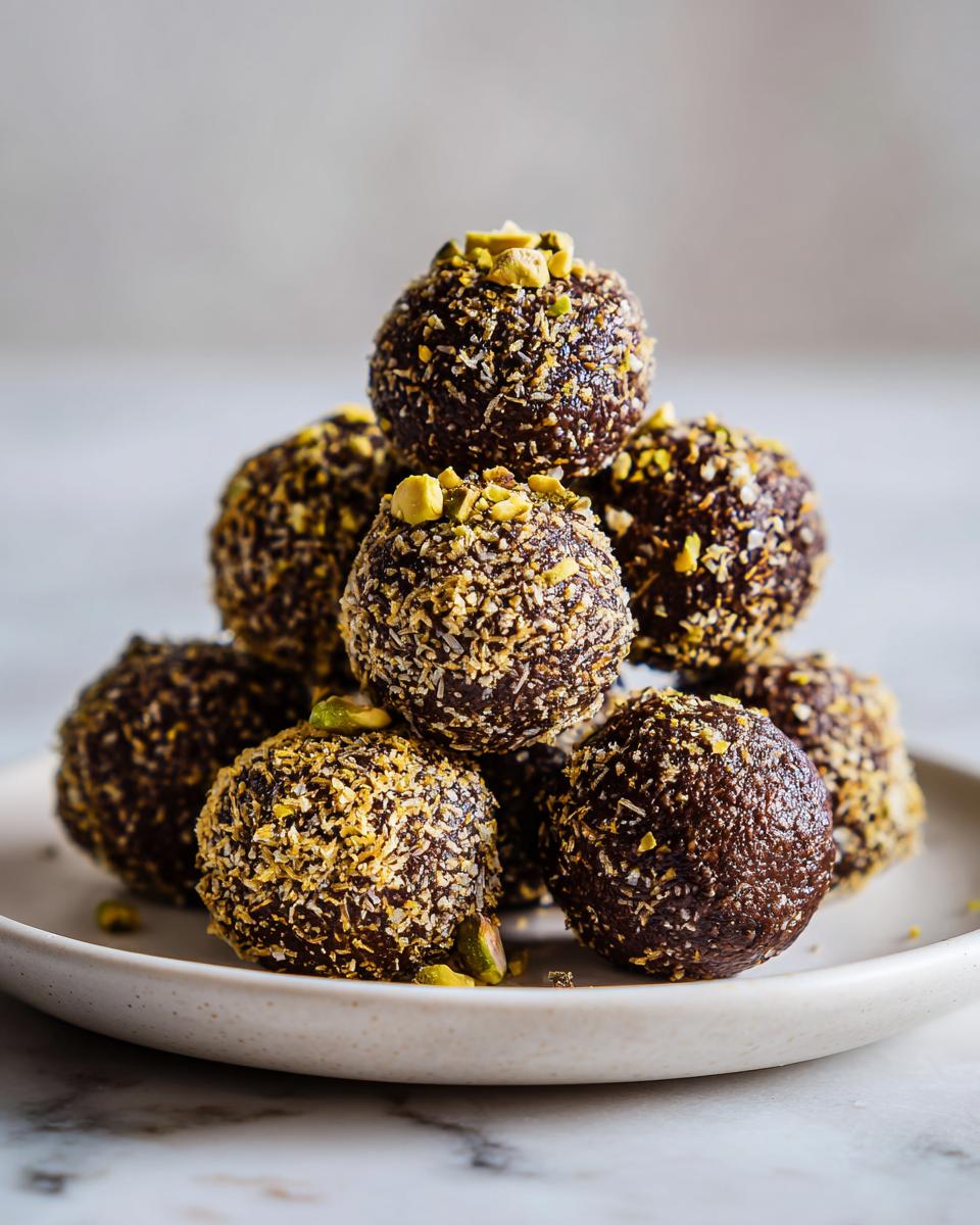 A stack of rich, dark dubai chocolate balls rolled in coconut and topped with crushed pistachios.
