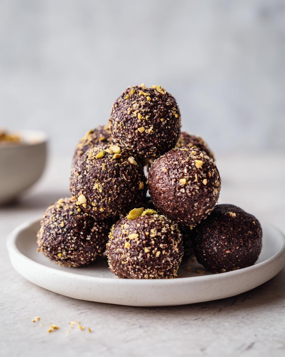A stack of rich, dark Dubai chocolate balls coated in crushed nuts on a small white plate.