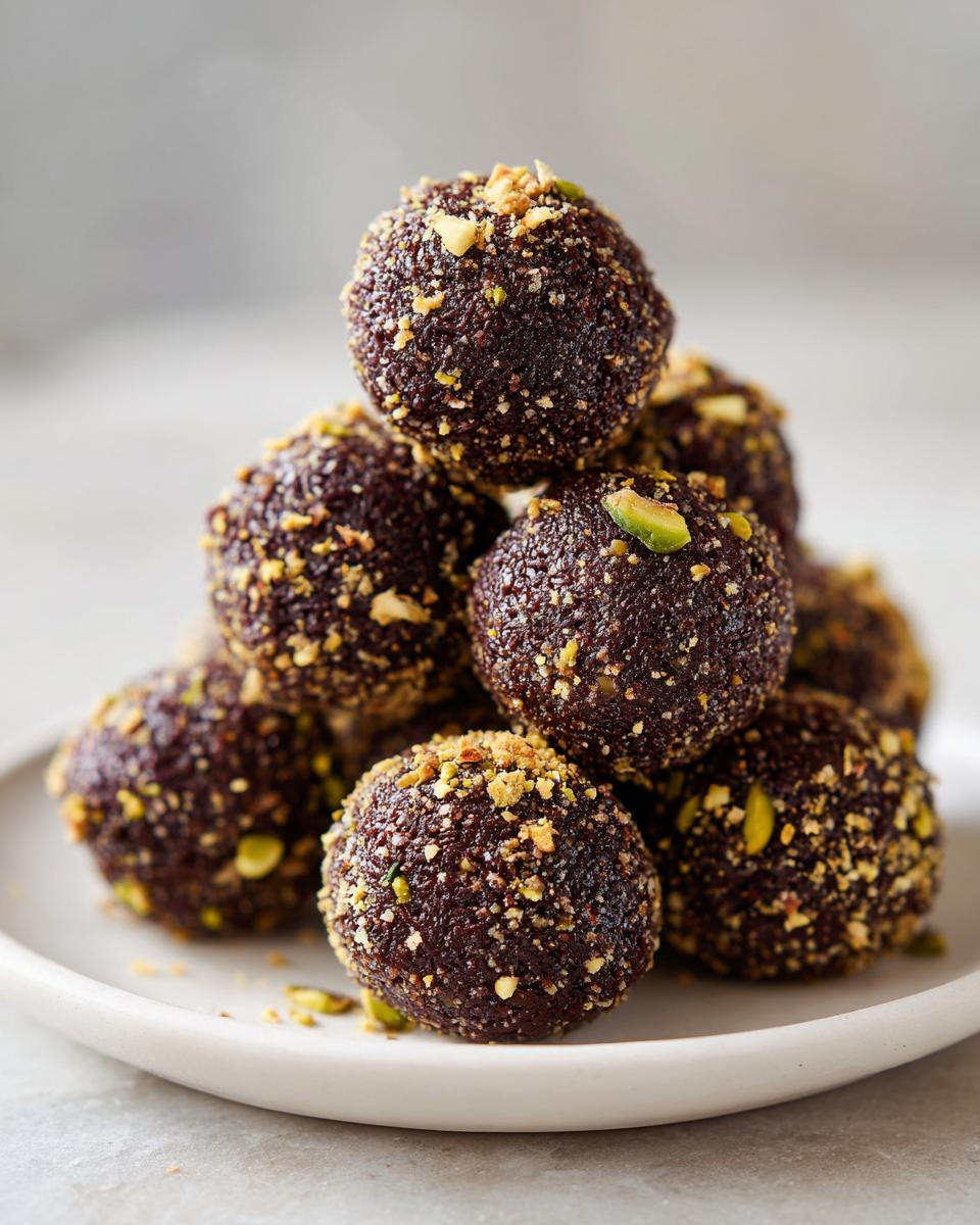 A close-up stack of rich, dark Dubai chocolate balls rolled in finely chopped pistachios on a white plate.