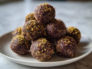 A stack of rich, dark Dubai chocolate balls rolled in crushed pistachios, presented on a light gray plate.