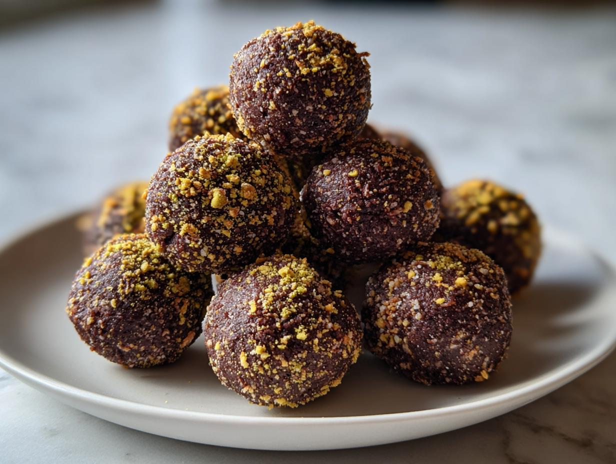 A stack of rich, dark Dubai chocolate balls rolled in crushed pistachios, presented on a light gray plate.