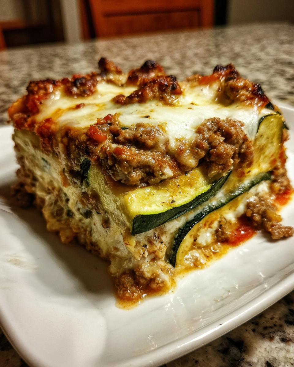A close-up, appealing slice of zucchini lasagna showing layers of zucchini, meat sauce, and melted cheese.