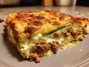 Close-up of a firm slice of zucchini lasagna showing layers of meat sauce, ricotta, and a bubbly, browned cheese topping.