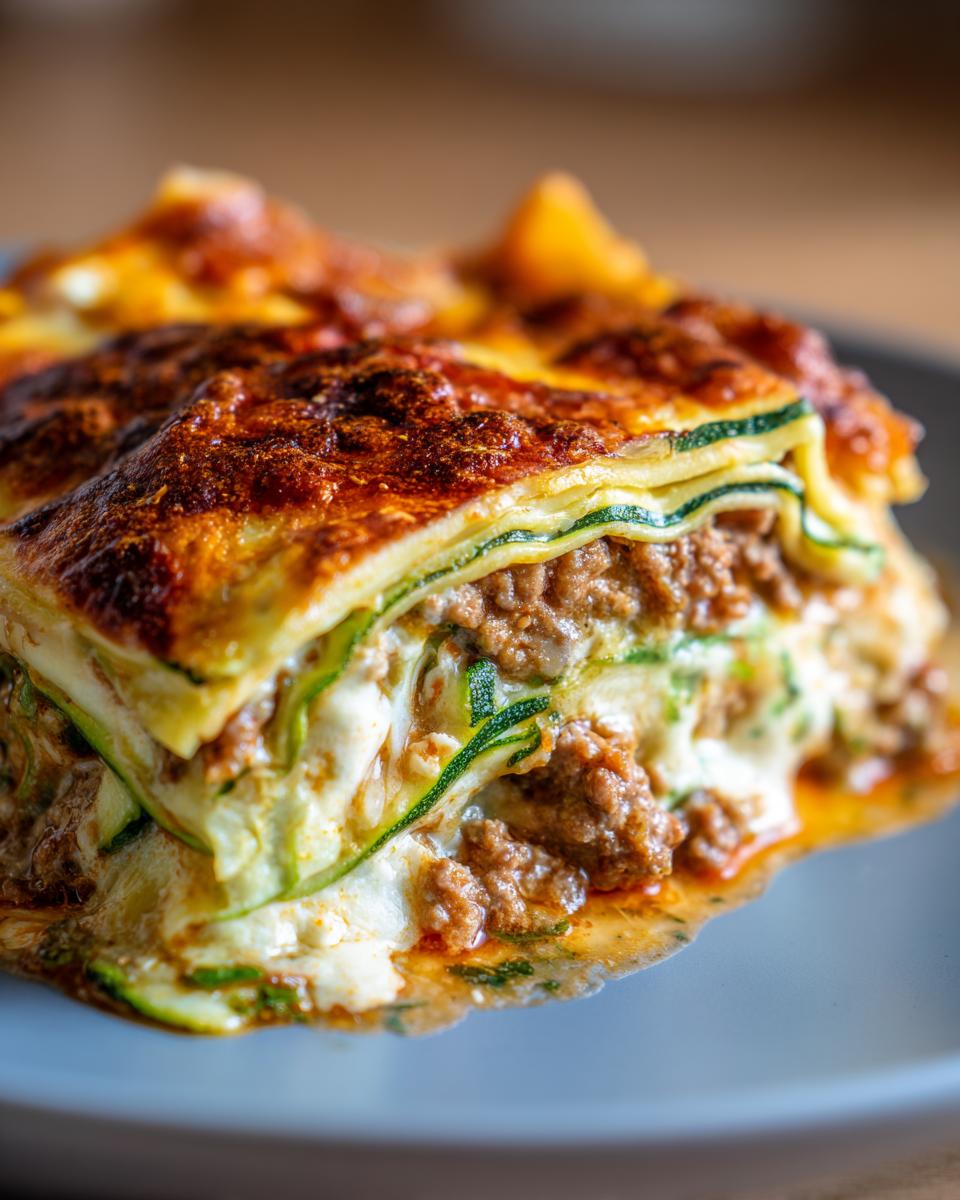 A close-up, appetizing slice of zucchini lasagna showing layers of browned cheese, meat sauce, and thin zucchini noodles.