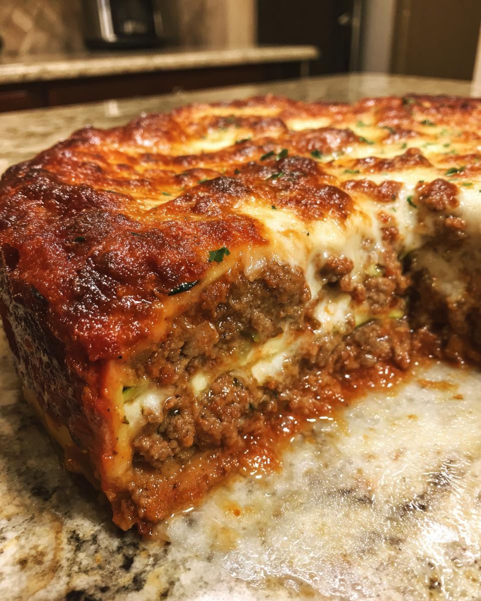 A close-up, cross-section view of a thick slice of zucchini lasagna showing layers of rich meat sauce and melted cheese.