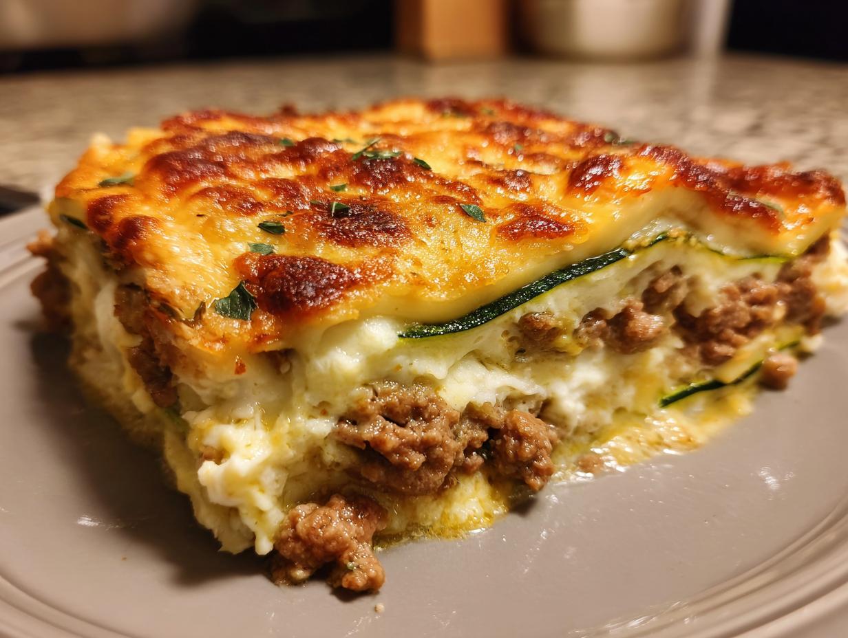 Close-up of a firm slice of zucchini lasagna showing layers of meat sauce, ricotta, and a bubbly, browned cheese topping.