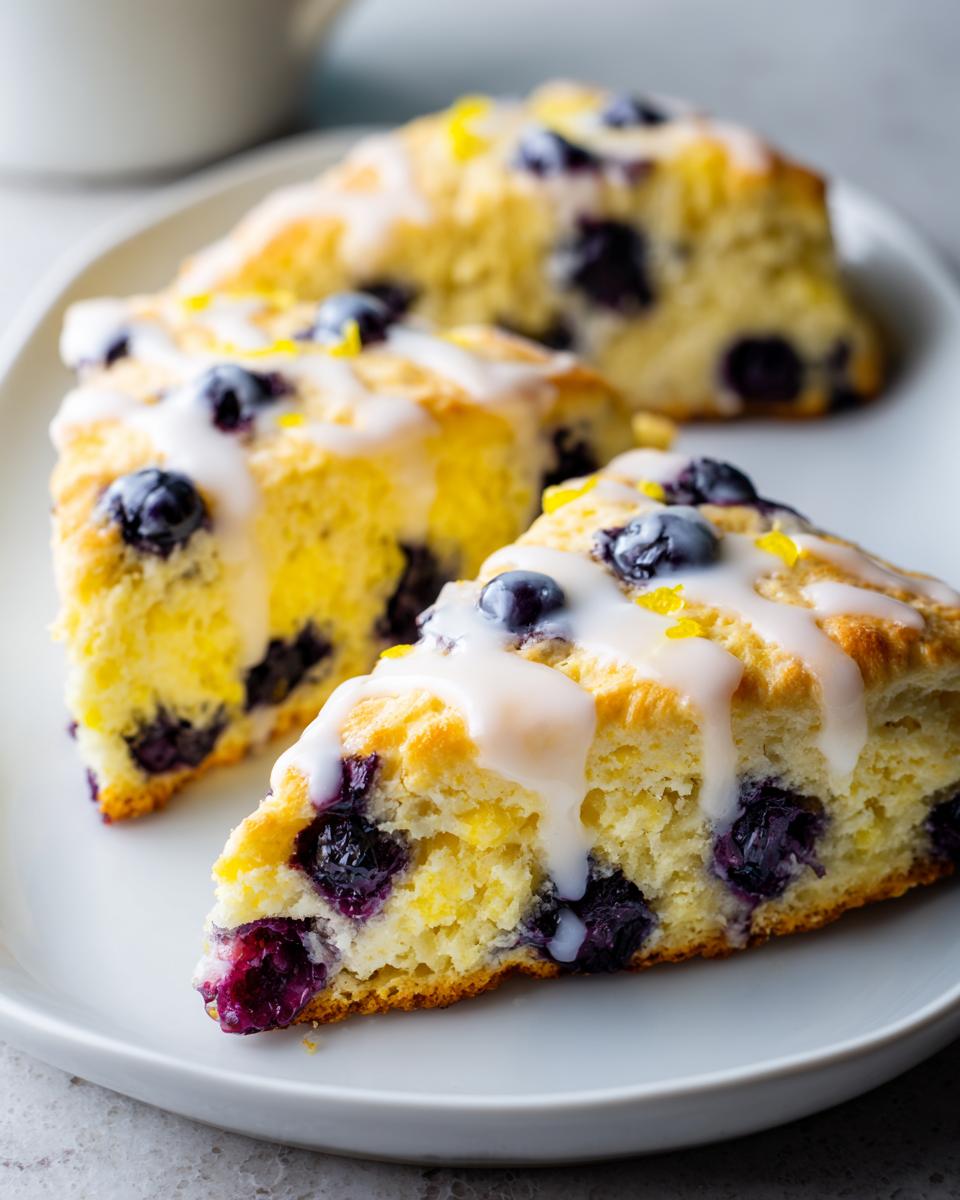 Close-up of three fluffy lemon blueberry scones drizzled with white glaze and lemon zest on a white plate.