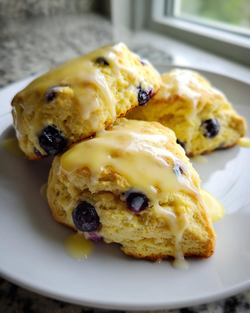 Three fluffy lemon blueberry scones stacked on a white plate, drizzled generously with a thick lemon glaze.