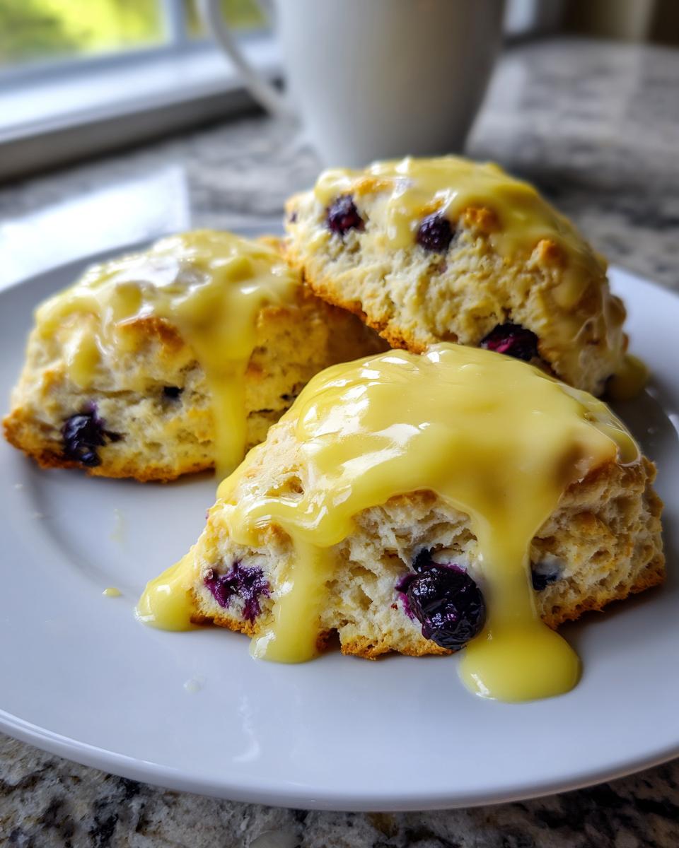 Three fluffy lemon blueberry scones drizzled generously with a bright yellow lemon glaze, served on a white plate.