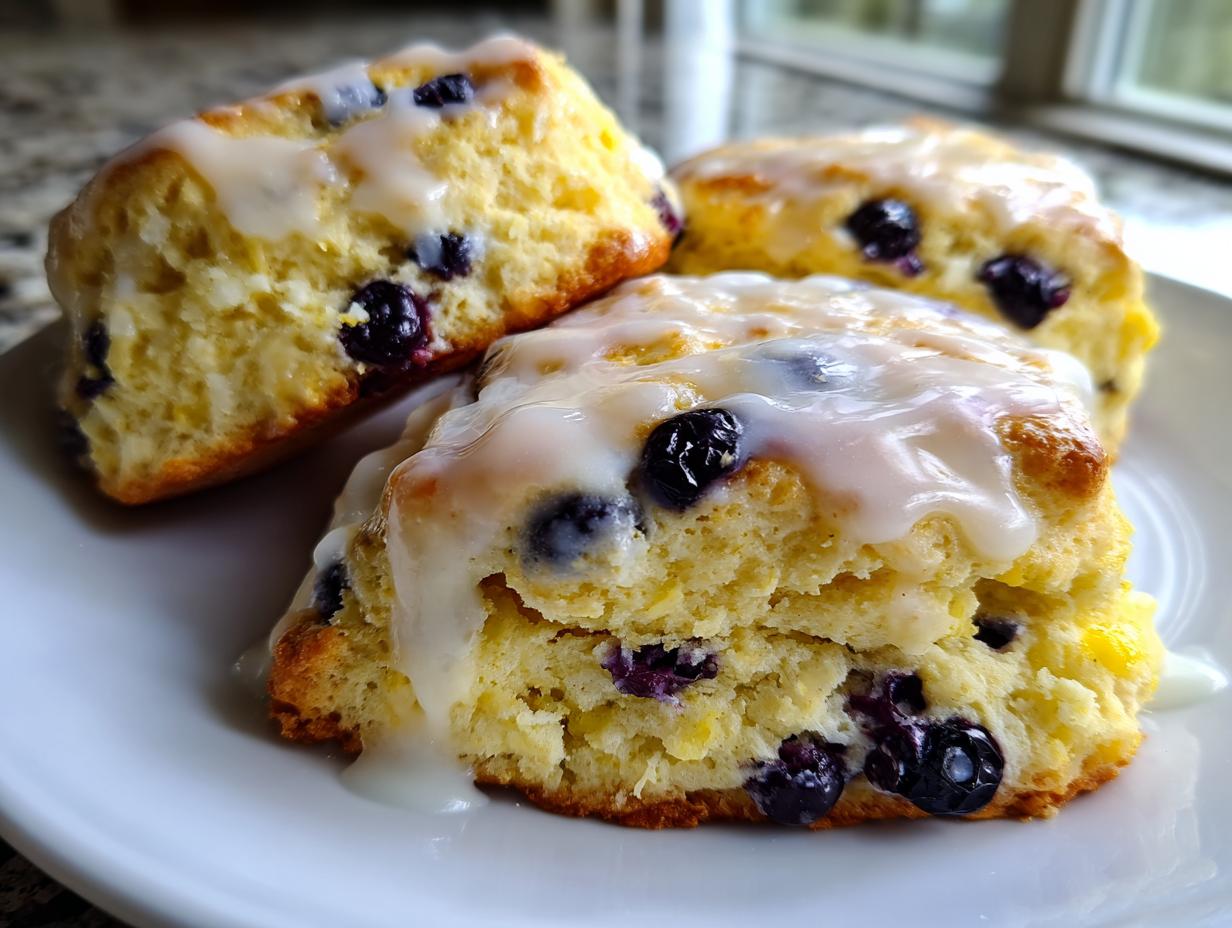Close-up of three fluffy lemon blueberry scones topped with a sweet white glaze, sitting on a white plate.