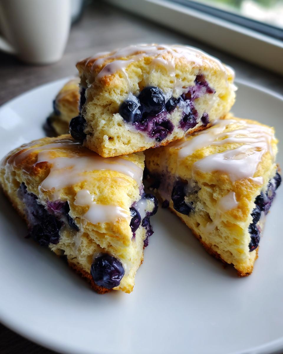 Close-up of three fluffy lemon blueberry scones stacked on a white plate, drizzled with white lemon glaze.