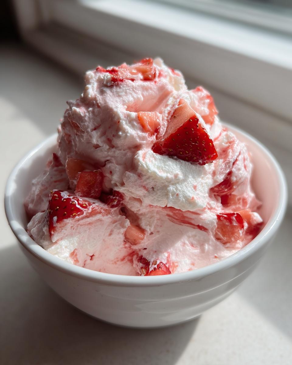 A close-up of fluffy, pink strawberry cheesecake dip topped with fresh strawberry chunks in a white bowl.