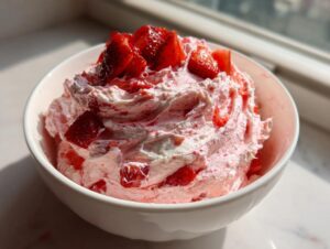 A close-up of fluffy, pink strawberry cheesecake dip topped with fresh strawberry chunks in a white bowl.