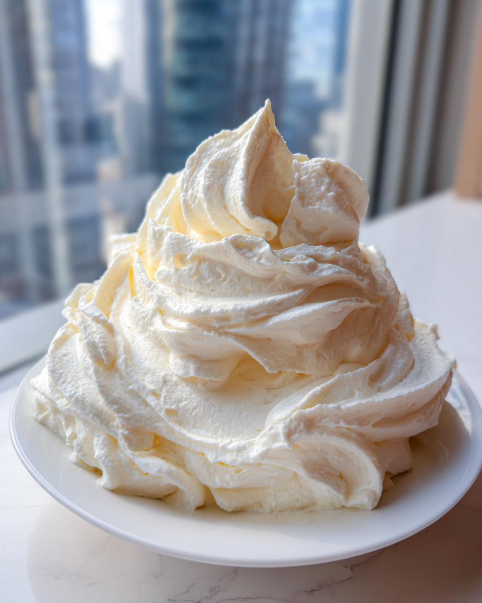 A large, perfectly piped mound of light, fluffy vanilla buttercream frosting sitting on a white plate.