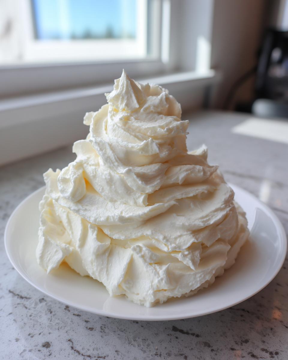A large, fluffy mound of freshly made vanilla buttercream frosting piped onto a white plate.