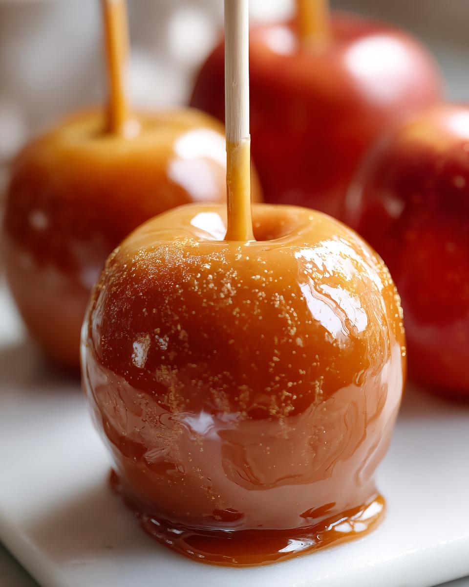 Close-up of a glossy, homemade caramel apple on a stick, with more caramel apples blurred in the background.