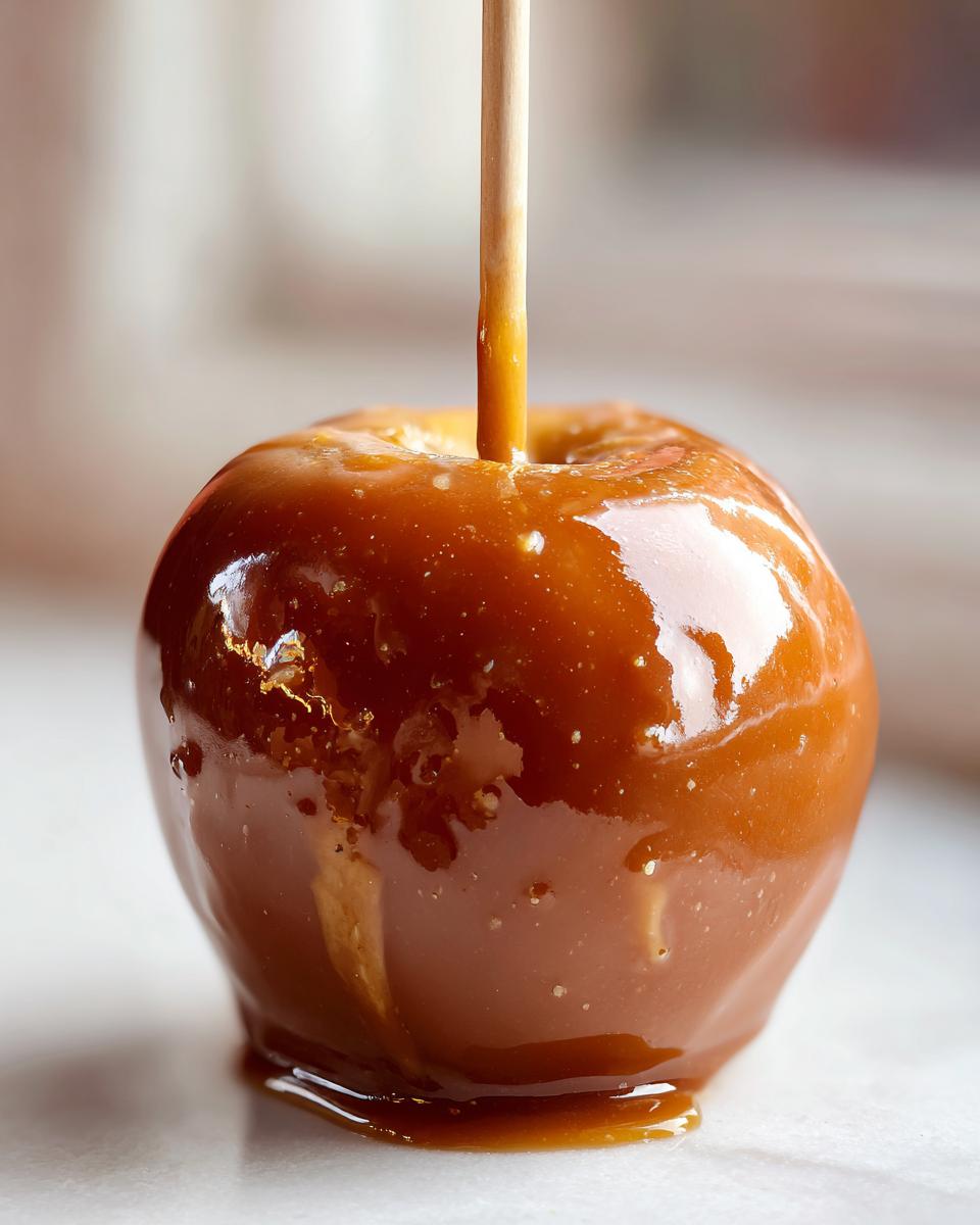Close-up of a single, glossy caramel apple coated in rich caramel sauce with a wooden stick inserted.