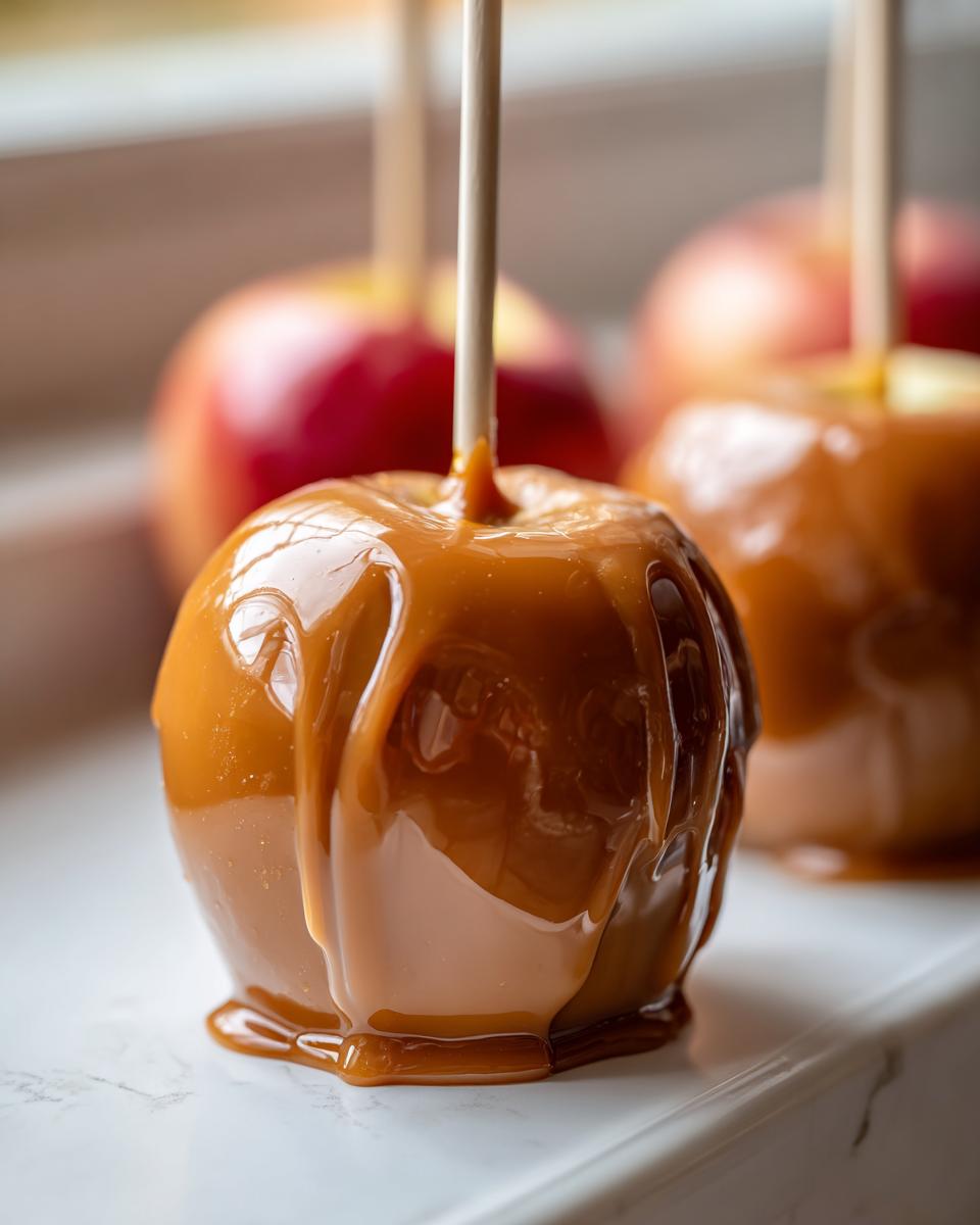 Close-up of a freshly made caramel apple with thick, dripping caramel coating, ready to eat.