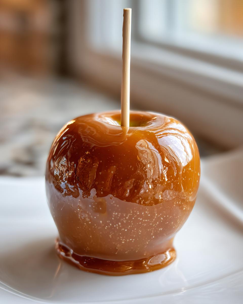 A close-up of a single, glossy homemade caramel apples coated in thick, shiny caramel, resting on a white plate.