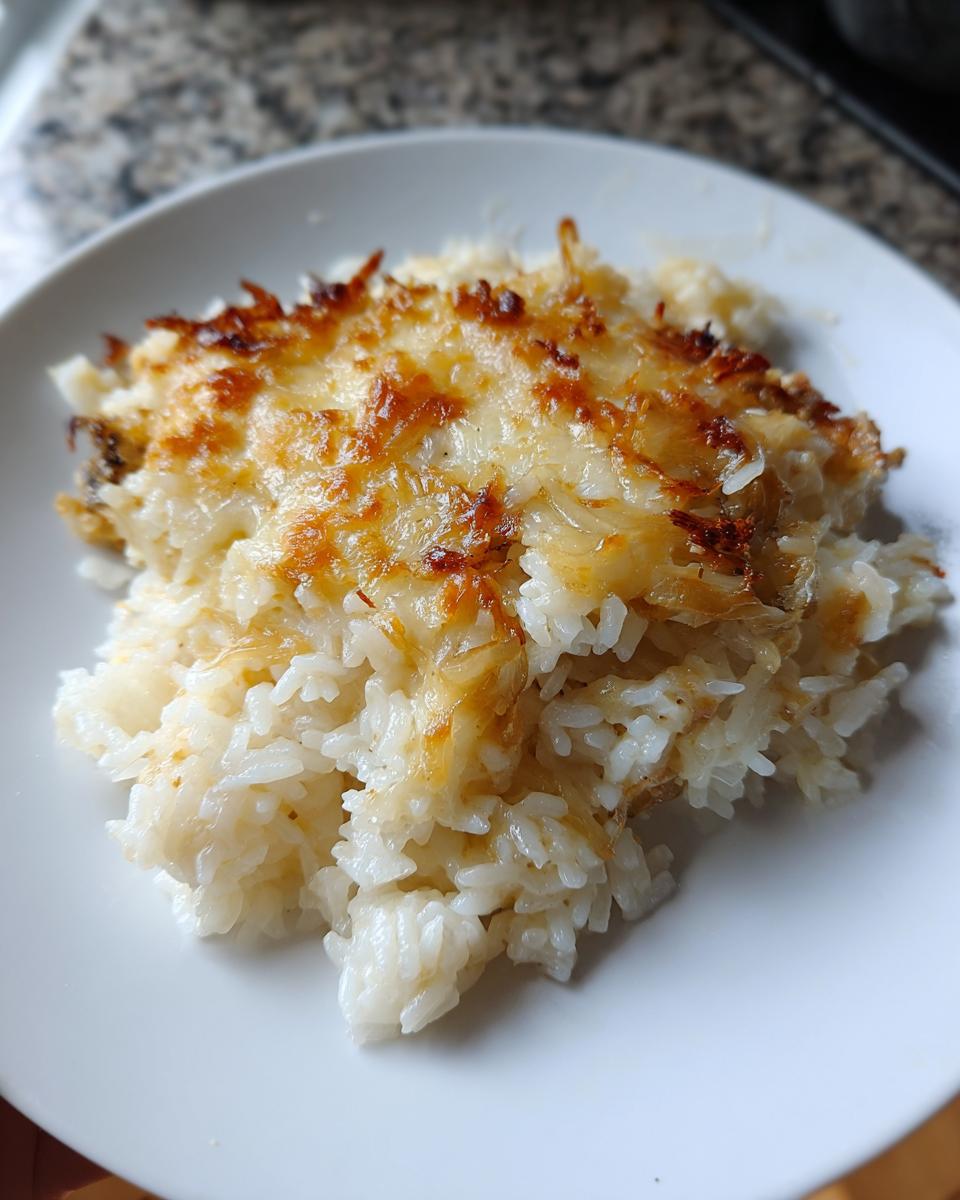 Close-up of creamy french onion butter rice topped with perfectly melted and slightly browned cheese.