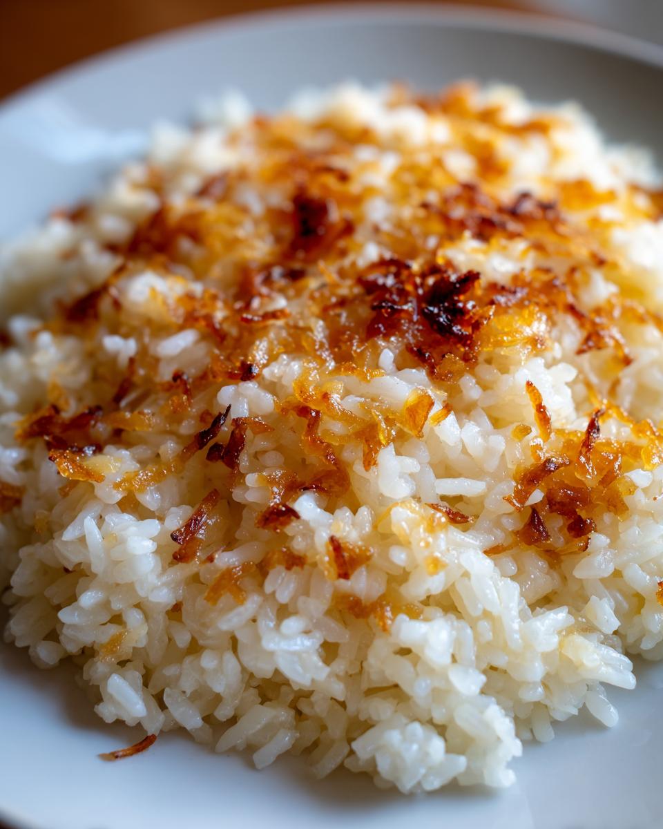 A close-up shot of fluffy white rice topped generously with golden brown, crispy french onion butter rice topping.